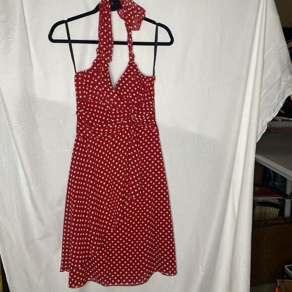 A Byer Halter Dress Red White Polka Dot Faux Wrap Lined Pinup Rockabilly Size 9 - Picture 11 of 13
